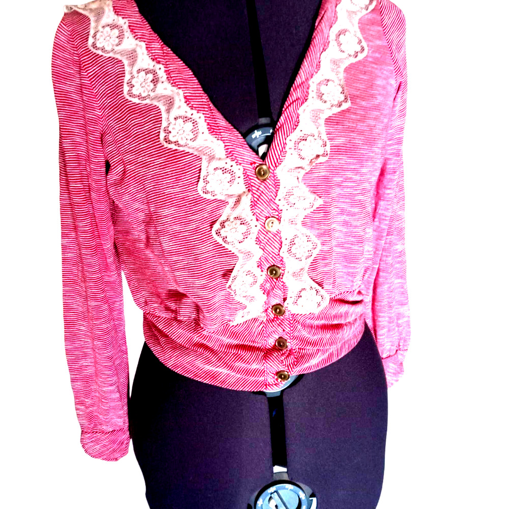 Phanuel pink and white striped button down woman's sweater, Med